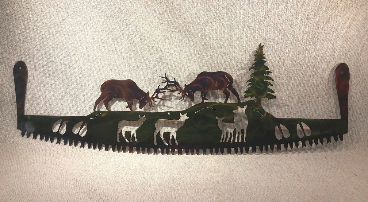 Two-man crosscut saw metal art with fighting elk and handles