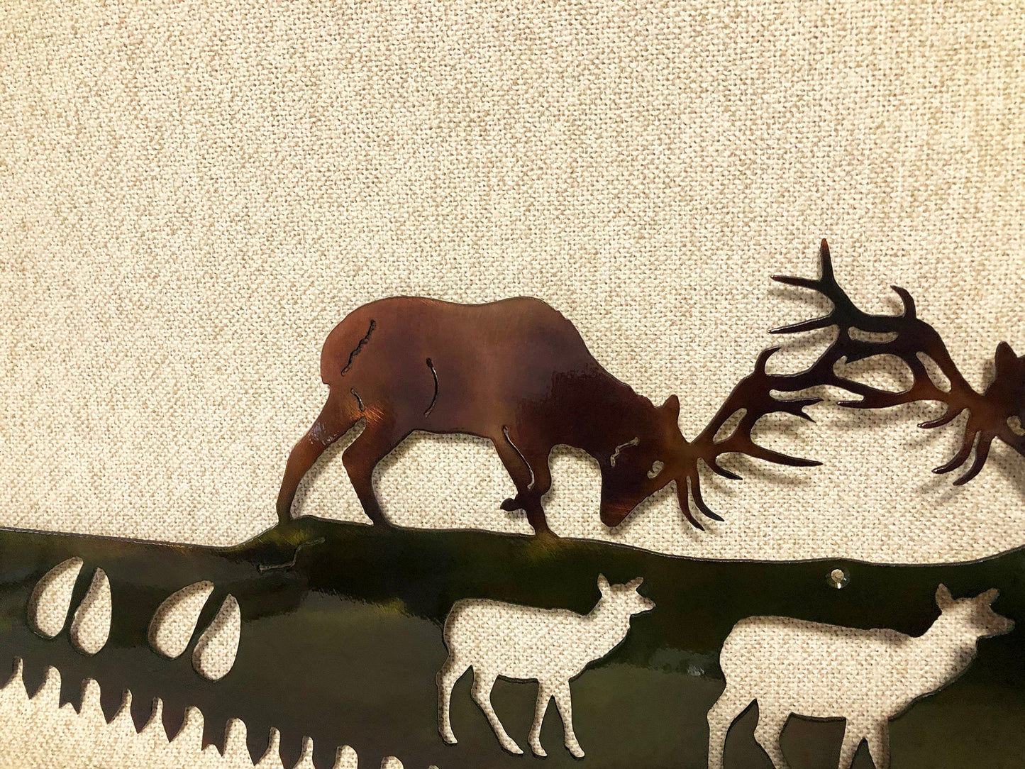 Elk Fighting On Crosscut Saw With Handles Hunting Lodge or Mountain Cabin Metal Wall Art