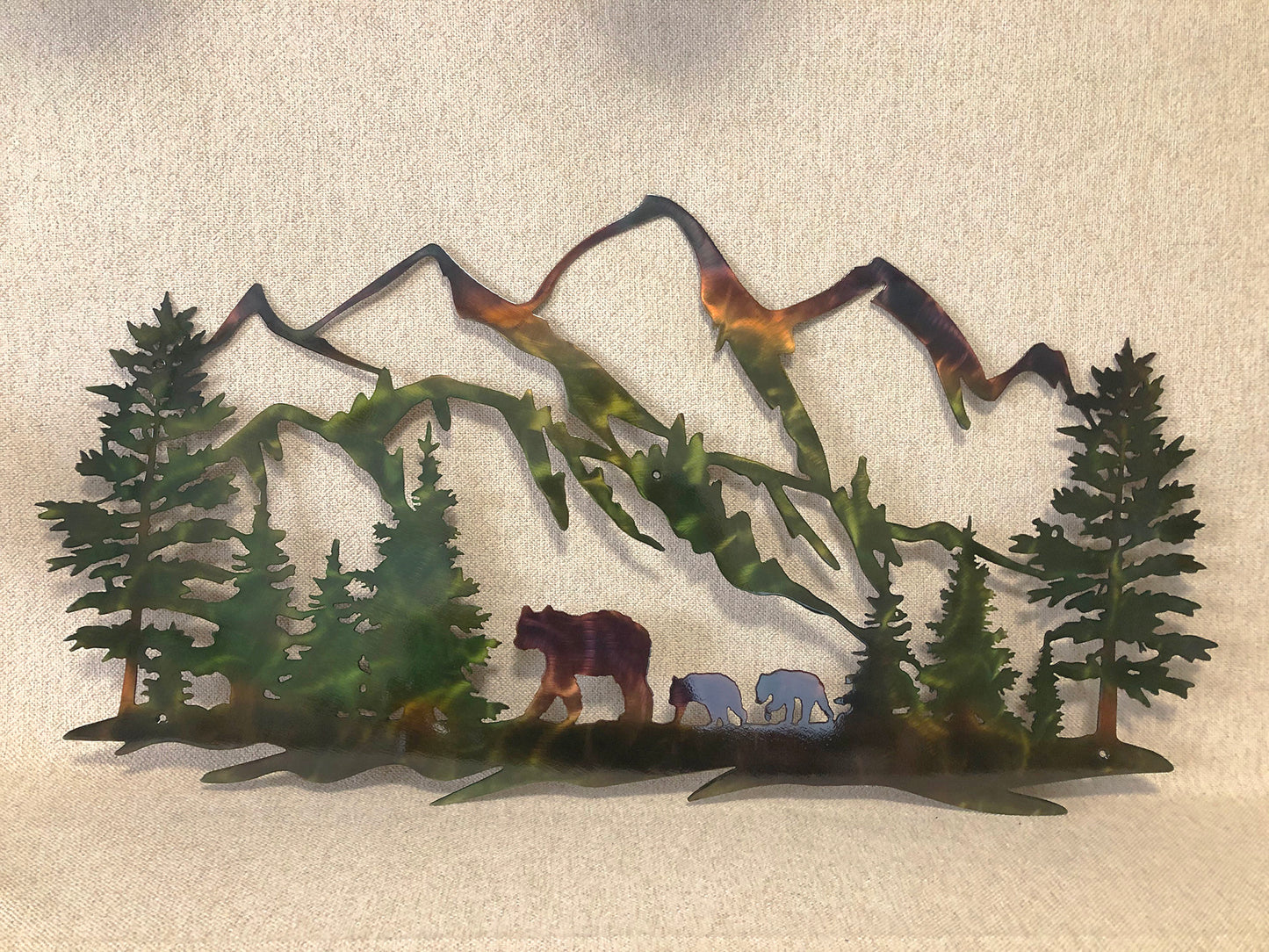 Bear And Cubs With Mountains Indoor & Outdoor Metal Wildlife Wall Art