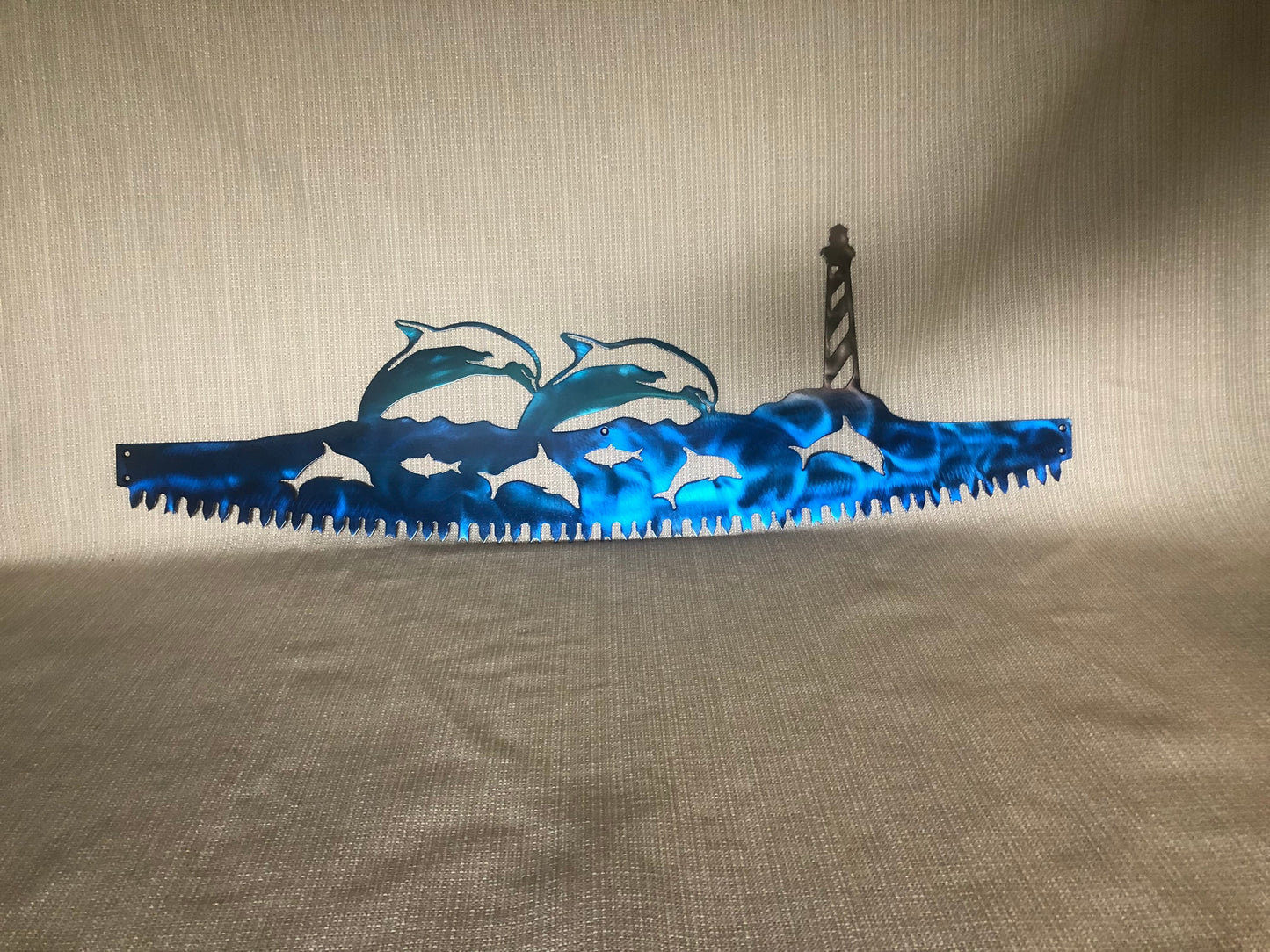 Porpoise Dolphin Fish w/ Lighthouse in Crosscut Saw Blade Indoor or Outdoor Nautical Metal Wall Art