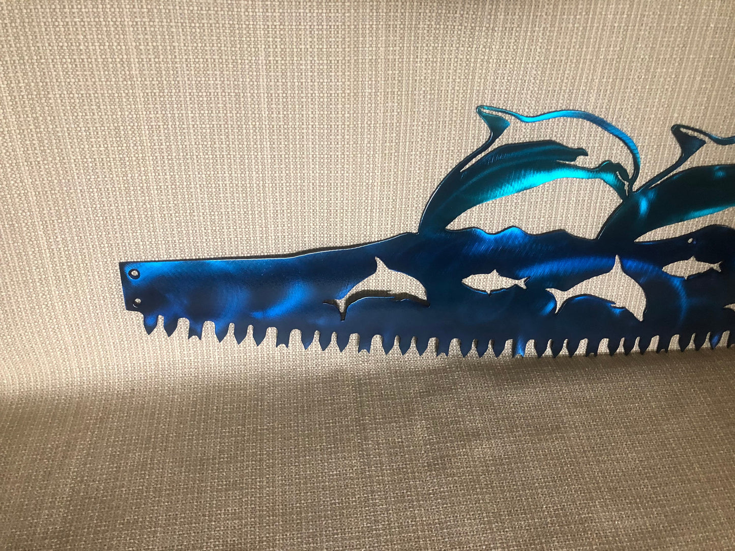Porpoise Dolphin Fish w/ Lighthouse in Crosscut Saw Blade Indoor or Outdoor Nautical Metal Wall Art
