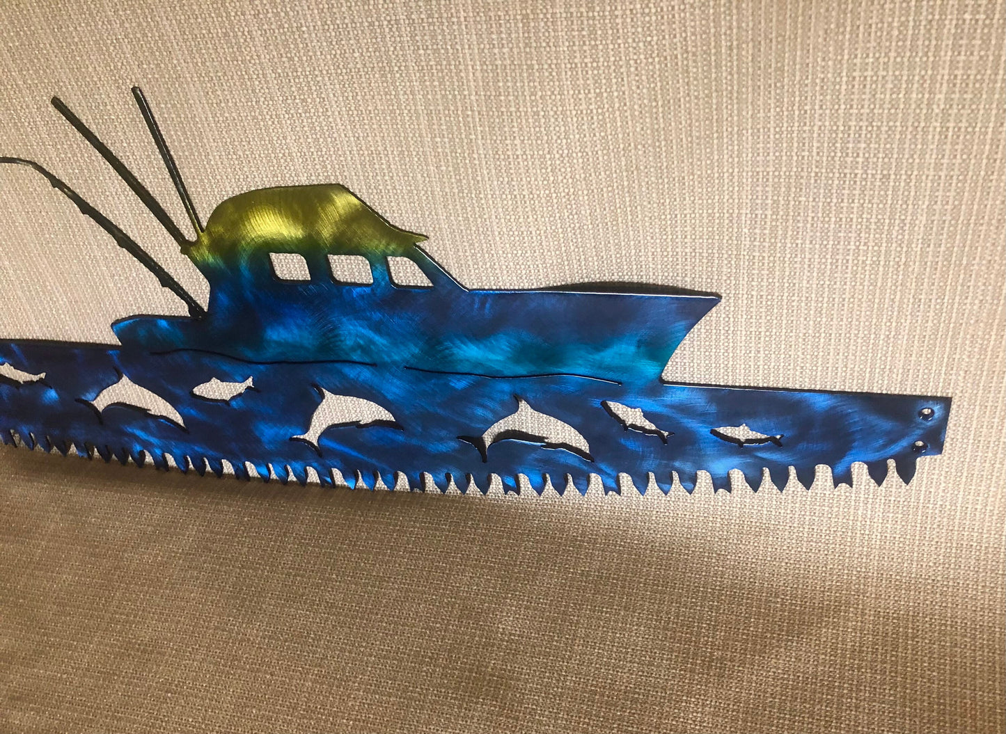 Sailfish w/ Fishing Boat in Crosscut Saw Blade Indoor or Outdoor Nautical Metal Wall Art