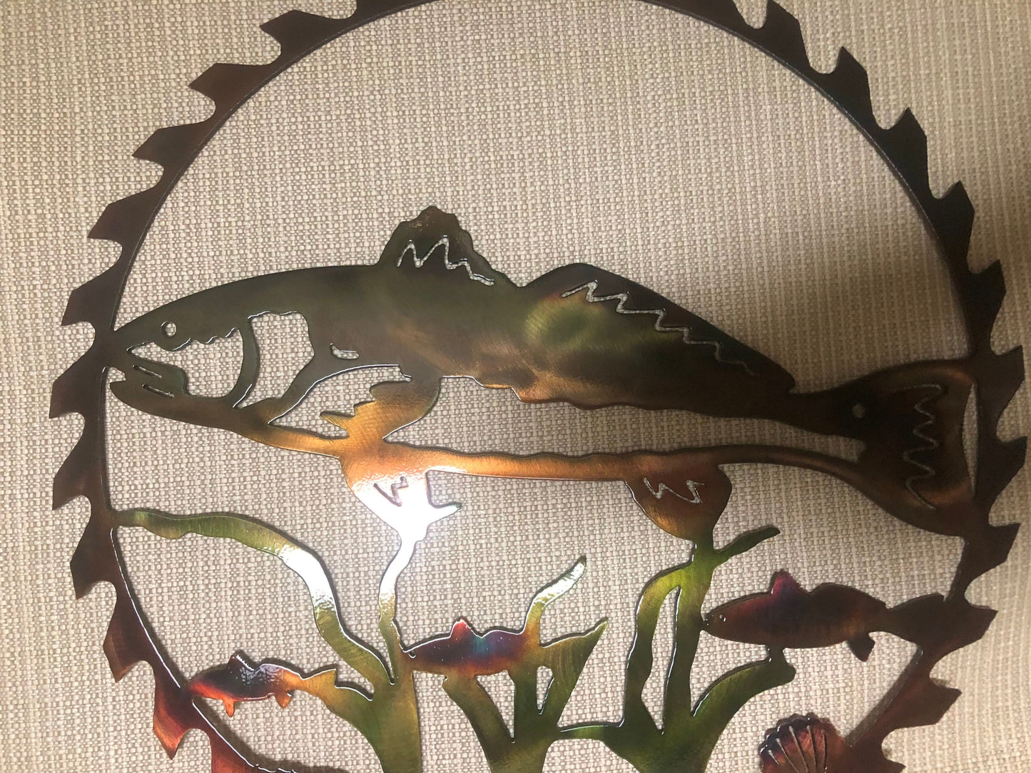 Red Drum Fish In Sawblade Indoor Outdoor Wildlife Nautical Metal Wall Art