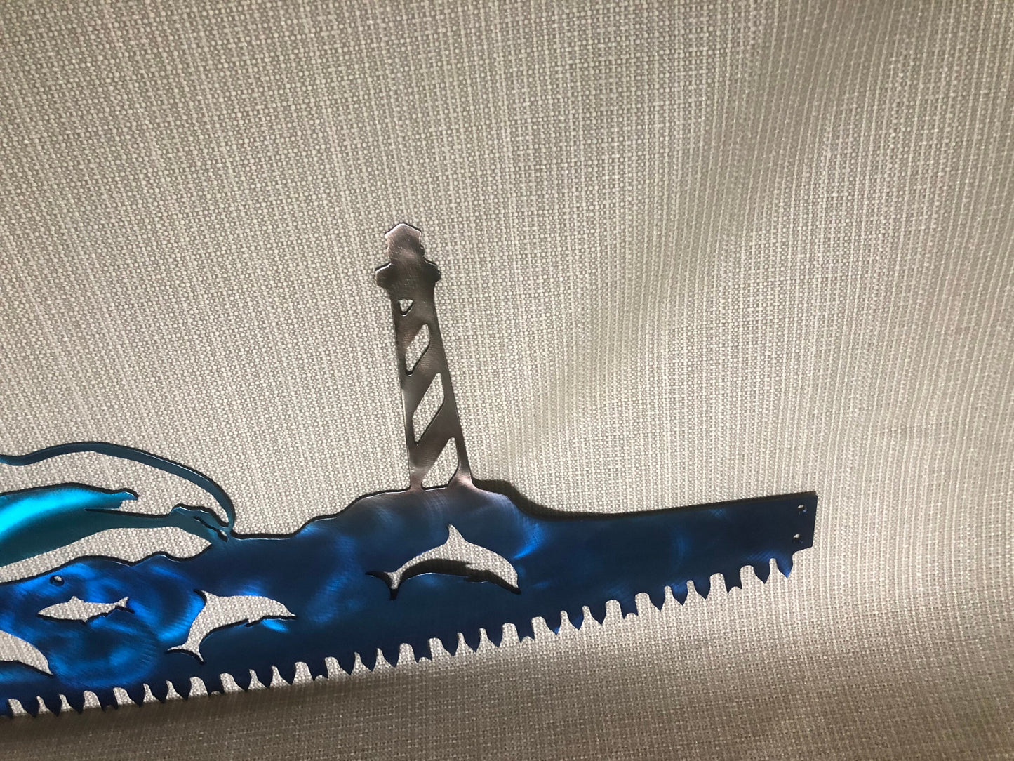 Porpoise Dolphin Fish w/ Lighthouse in Crosscut Saw Blade Indoor or Outdoor Nautical Metal Wall Art