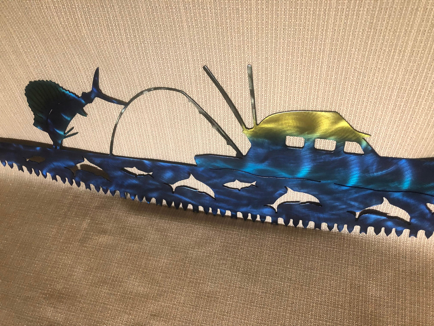 Sailfish w/ Fishing Boat in Crosscut Saw Blade Indoor or Outdoor Nautical Metal Wall Art