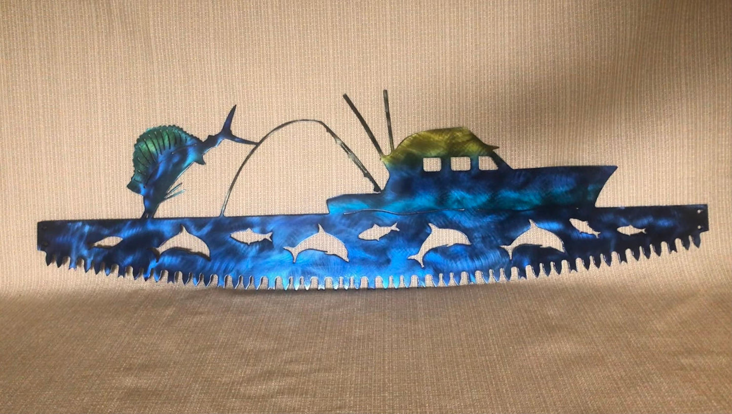 Sailfish w/ Fishing Boat in Crosscut Saw Blade Indoor or Outdoor Nautical Metal Wall Art