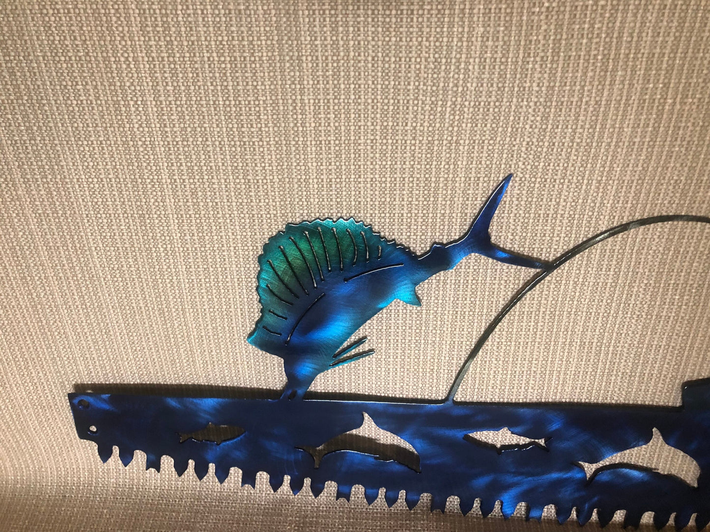 Sailfish w/ Fishing Boat in Crosscut Saw Blade Indoor or Outdoor Nautical Metal Wall Art