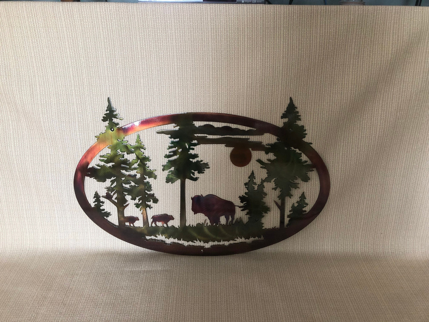 American Bison Buffalo And Mountains With Trees Indoor Or Outdoor Wildlife Metal Wall Art