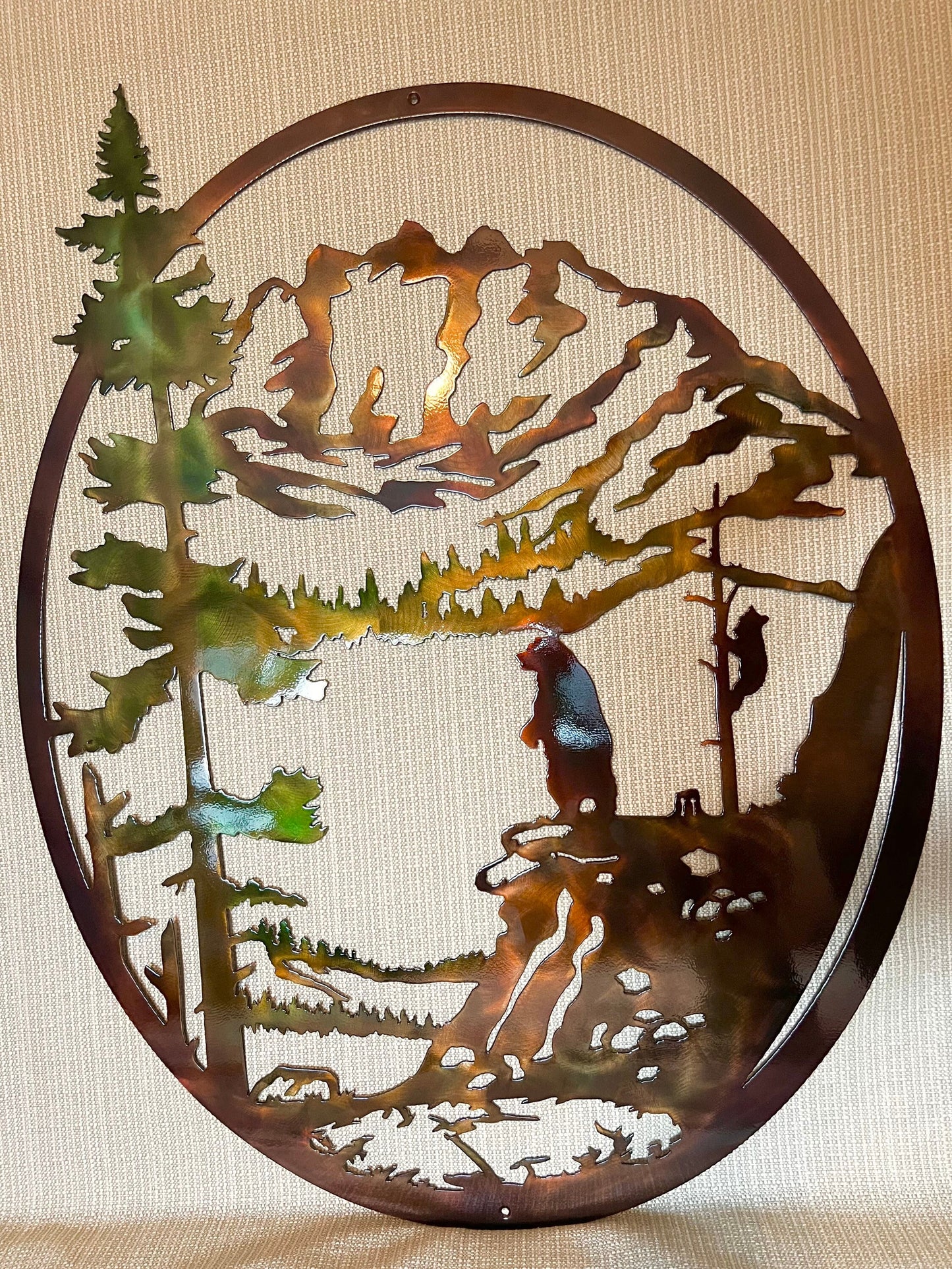 Bear And Cub With Mountains And Trees Oval Indoor Or Outdoor Wildlife Metal Wall Art