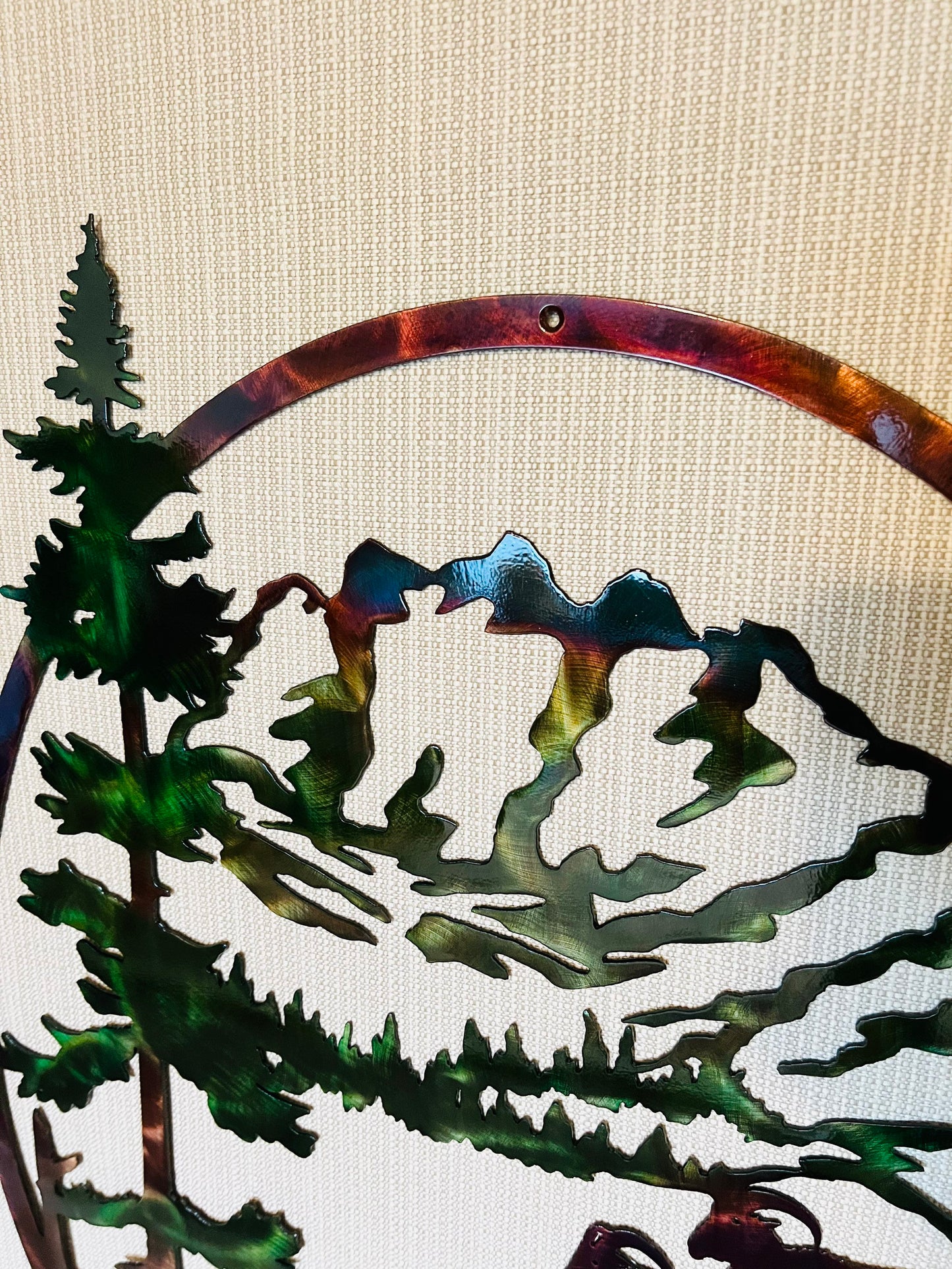 Mountain Goats With Mountains And Trees Oval Indoor Or Outdoor Wildlife Metal Wall Art