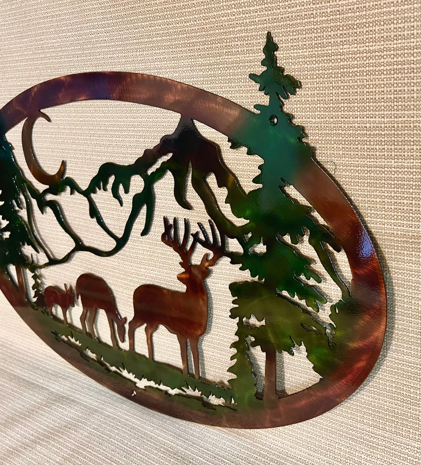 Whitetail Buck And Doe Deer With Mountains And Trees Indoor Or Outdoor Wildlife Metal Wall Art