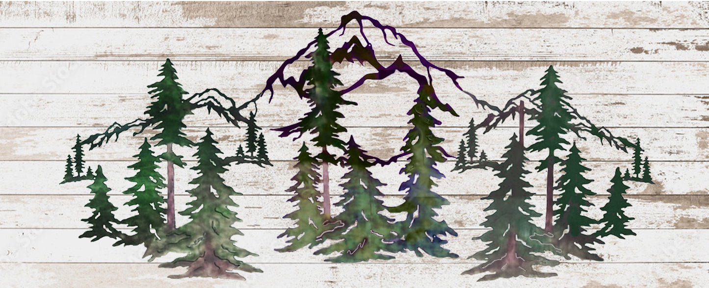 Pine Trees, Forest and Mountain Up To 9 Ft Wide Scene Metal Wall Art Home Decor