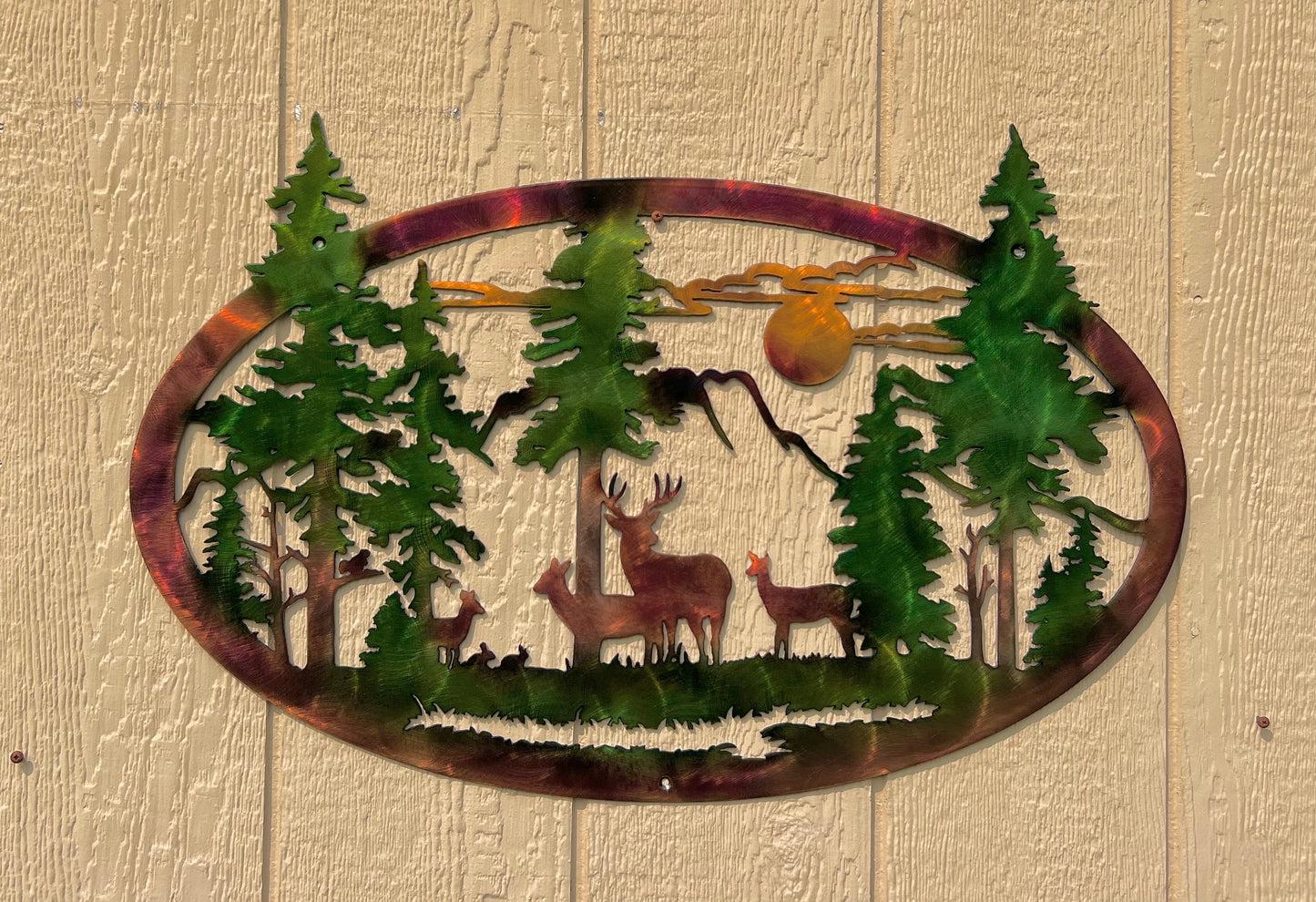 Deer or Bear Family And Mountains With Trees Indoor Or Outdoor Wildlife Metal Wall Art