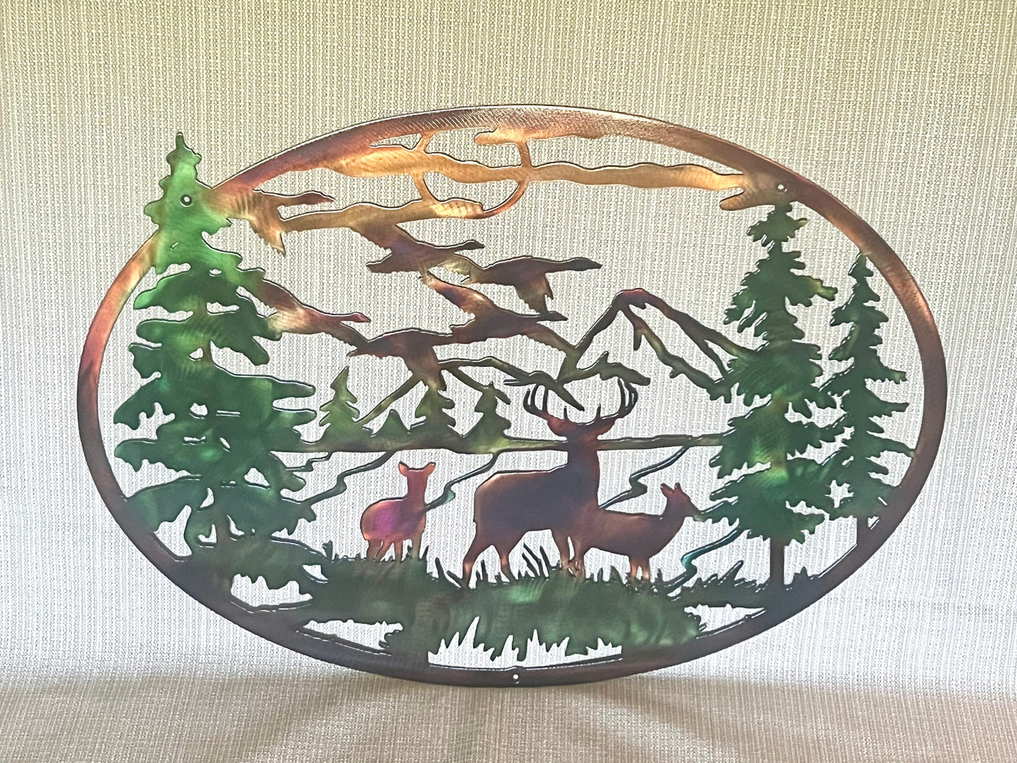Deer Family And Mountains Trees And Geese Indoor Or Outdoor Wildlife Metal Wall Art