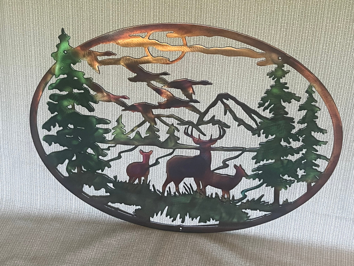 Deer Family And Mountains Trees And Geese Indoor Or Outdoor Wildlife Metal Wall Art