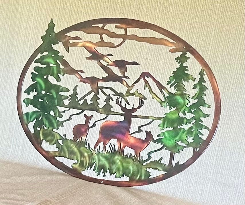 Deer Family And Mountains Trees And Geese Indoor Or Outdoor Wildlife Metal Wall Art