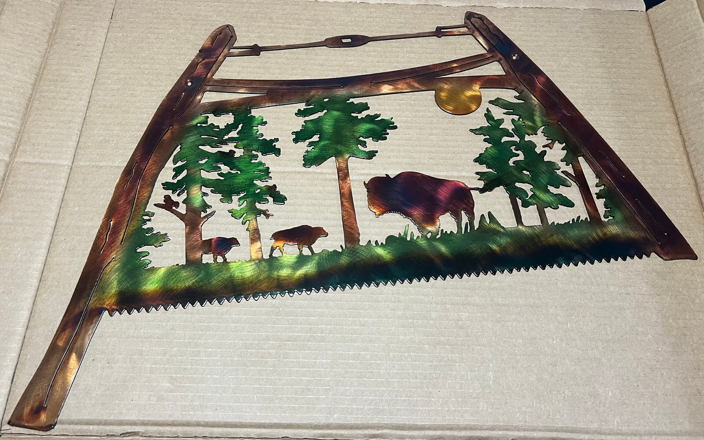 Bow Saw With North American Bison And Mountains Indoor Or Outdoor Metal Wildlife Wall Art
