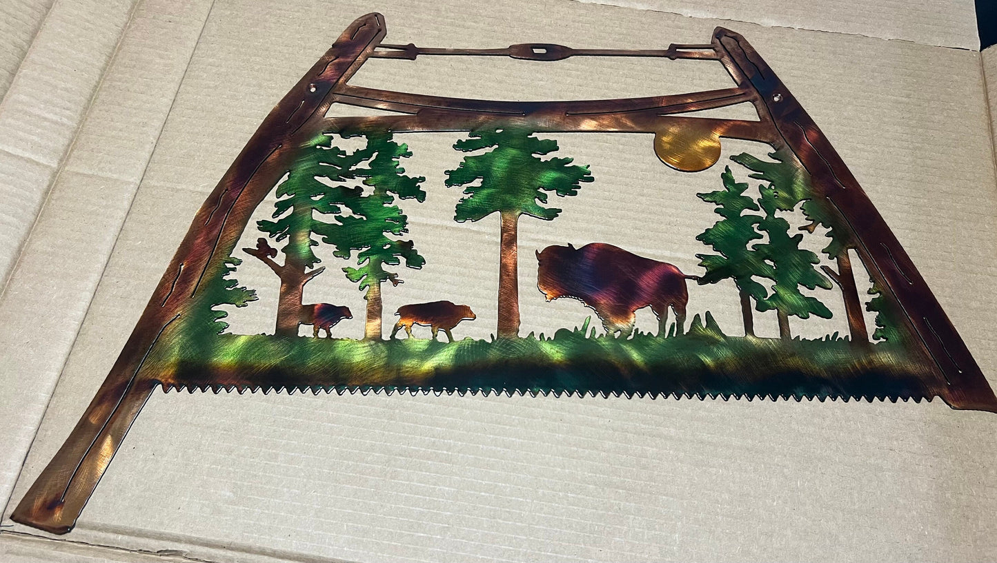 Bow Saw With North American Bison And Mountains Indoor Or Outdoor Metal Wildlife Wall Art
