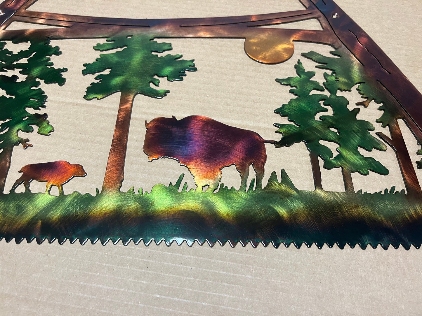 Bow Saw With North American Bison And Mountains Indoor Or Outdoor Metal Wildlife Wall Art