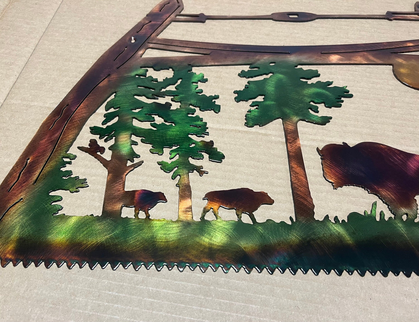 Bow Saw With North American Bison And Mountains Indoor Or Outdoor Metal Wildlife Wall Art