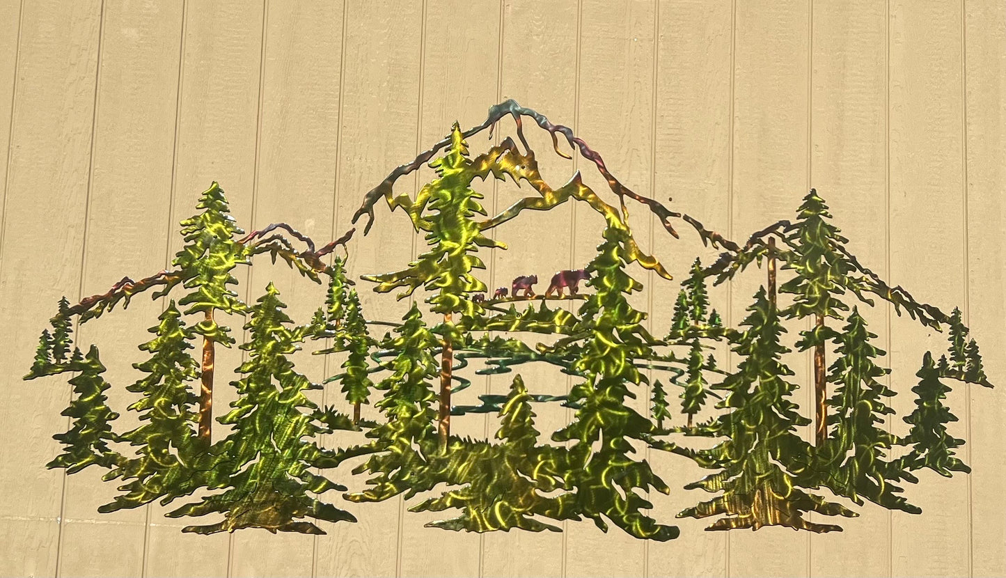 Pine Trees, Forest, Bears And Mountains Up To 9 Ft Wide Scene Metal Wall Art Home Decor