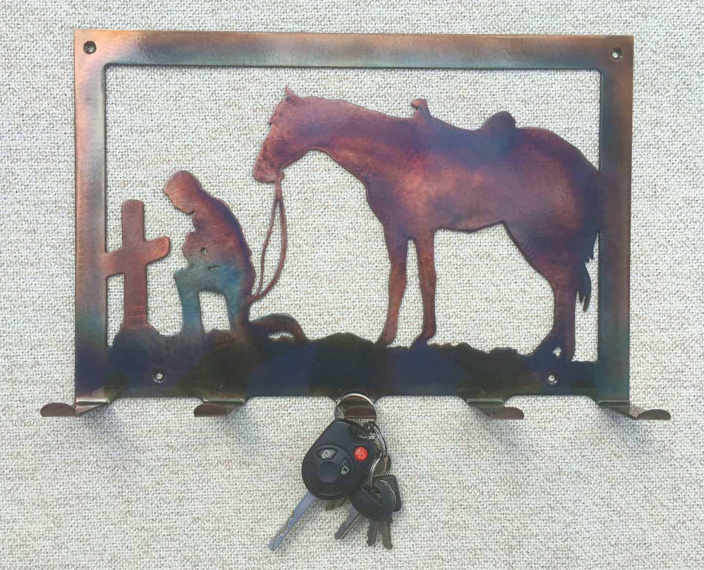 Cowboy & Horse Praying At Cross Metal Art Key Hanger