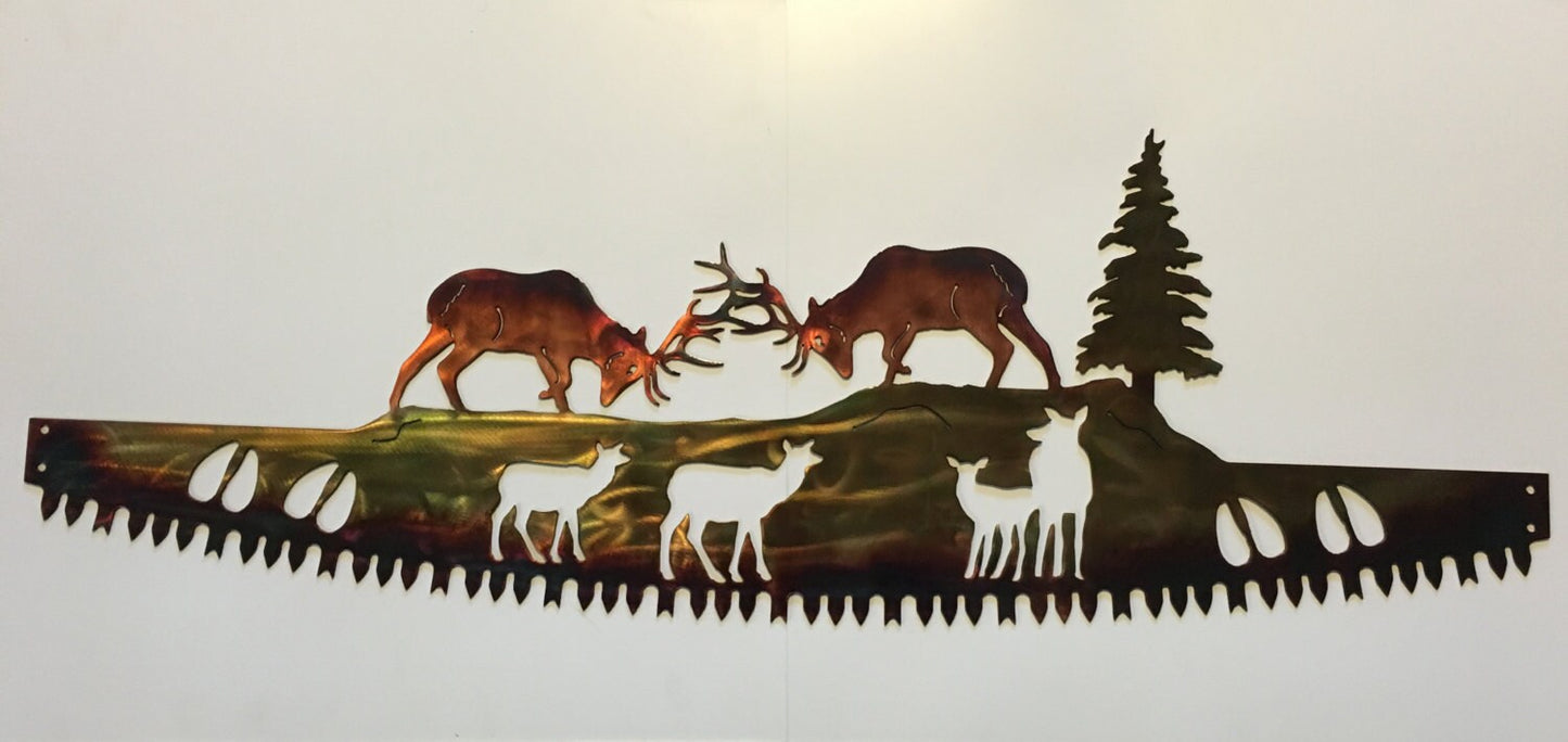 Crosscut Saw With Elk Fighting Hunting Lodge or Mountain Cabin Metal Wall Art