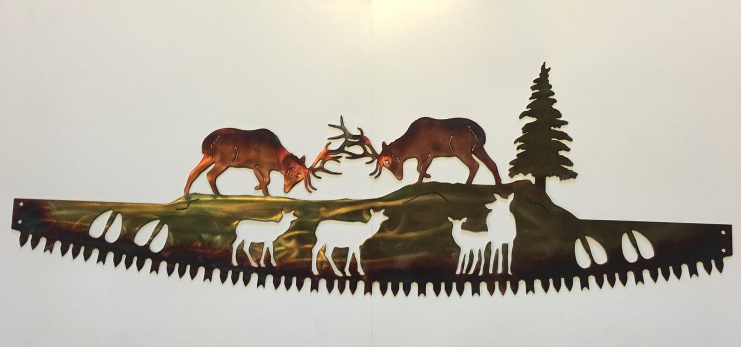 Crosscut Saw With Elk Fighting Hunting Lodge or Mountain Cabin Metal Wall Art