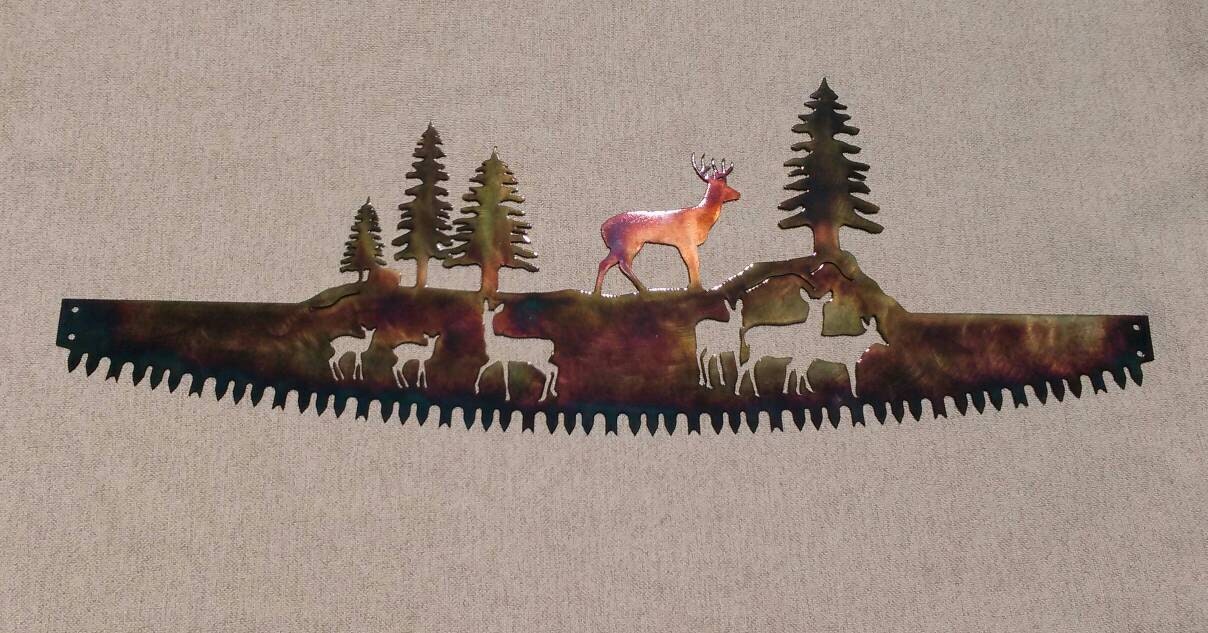 Whitetail Buck & Deer Family in Crosscut Saw Blade Indoor or Outdoor Wildlife Metal Wall Art