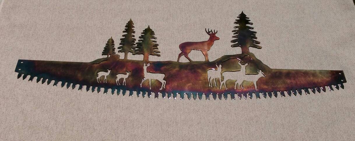 Whitetail Buck & Deer Family in Crosscut Saw Blade Indoor or Outdoor Wildlife Metal Wall Art