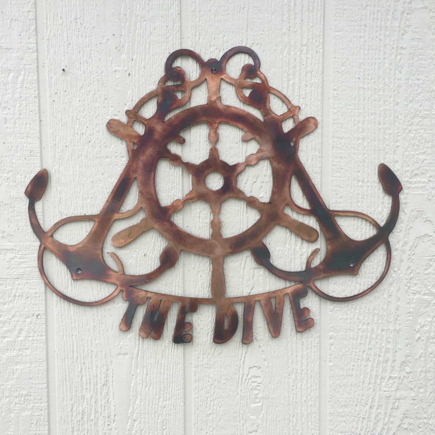 Ships Wheel & Crossed Anchors Nautical Metal Art Welcome Sign