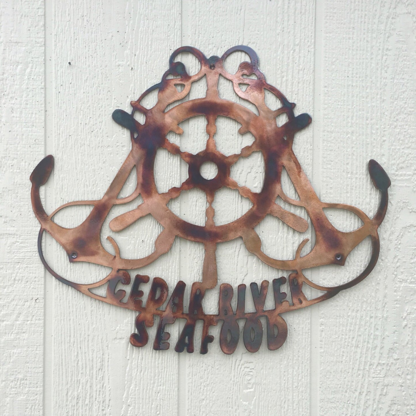 Ships Wheel & Crossed Anchors Nautical Metal Art Welcome Sign