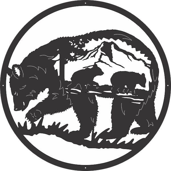 Alternate view of handcrafted mama bear and cubs metal wall art with mountain scene