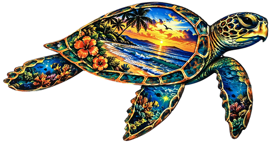 Sea turtle tropical sunset and reef metal art isolated