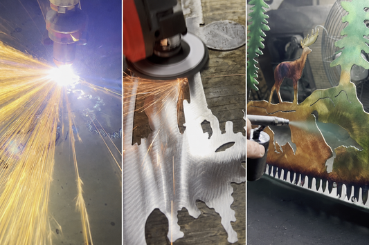 Three-step process showing metal wall art being plasma cut, hand-ground, and finished with patina at Back 40 Metal Worx in North Carolina.