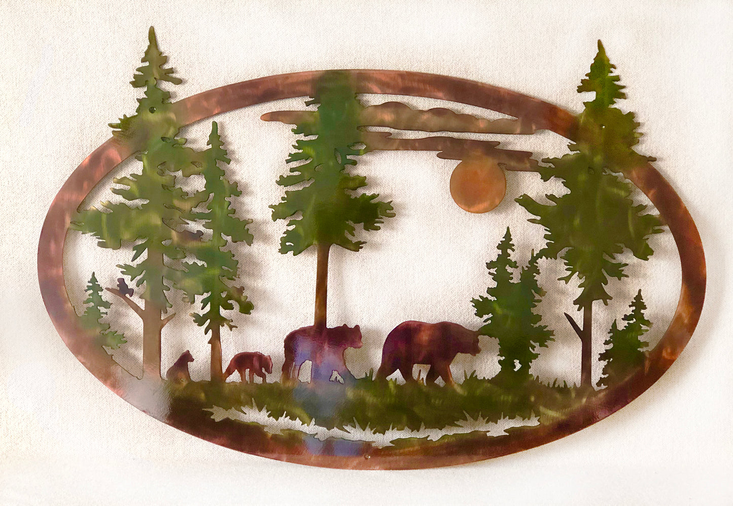 Deer or Bear Family And Mountains With Trees Indoor Or Outdoor Wildlife Metal Wall Art