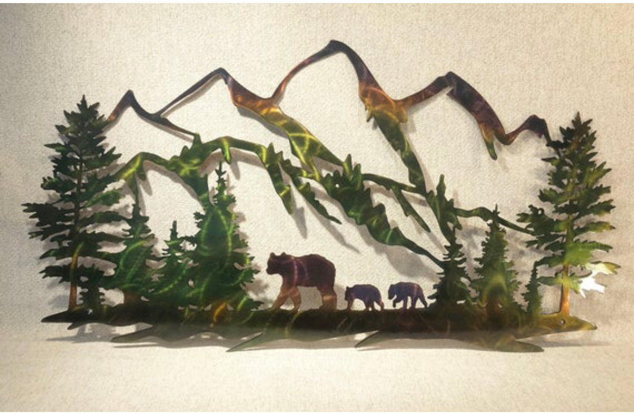 Handcrafted bear family and mountain metal wall art with pine trees and hand-finished patina colors.
