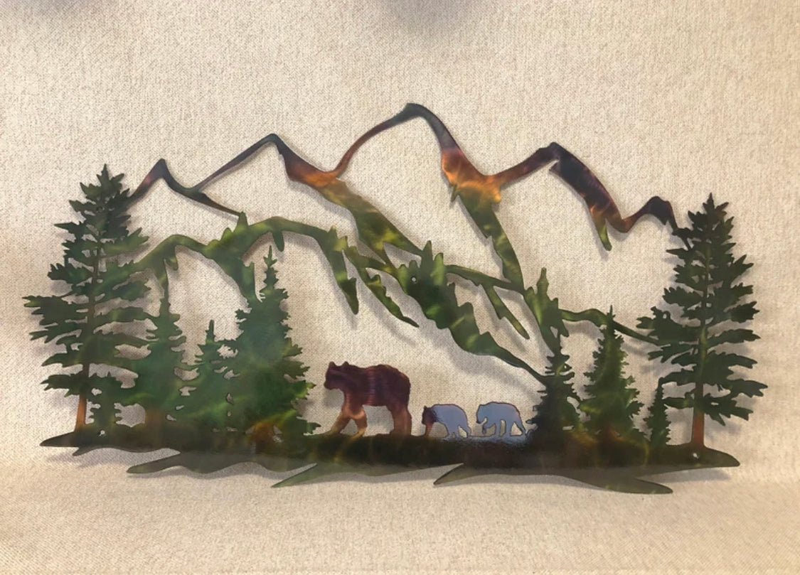 Handcrafted bear family and mountain metal wall art with pine trees and hand-finished patina colors.