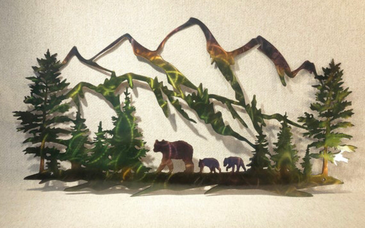Handcrafted bear family and mountain metal wall art with pine trees and hand-finished patina colors.