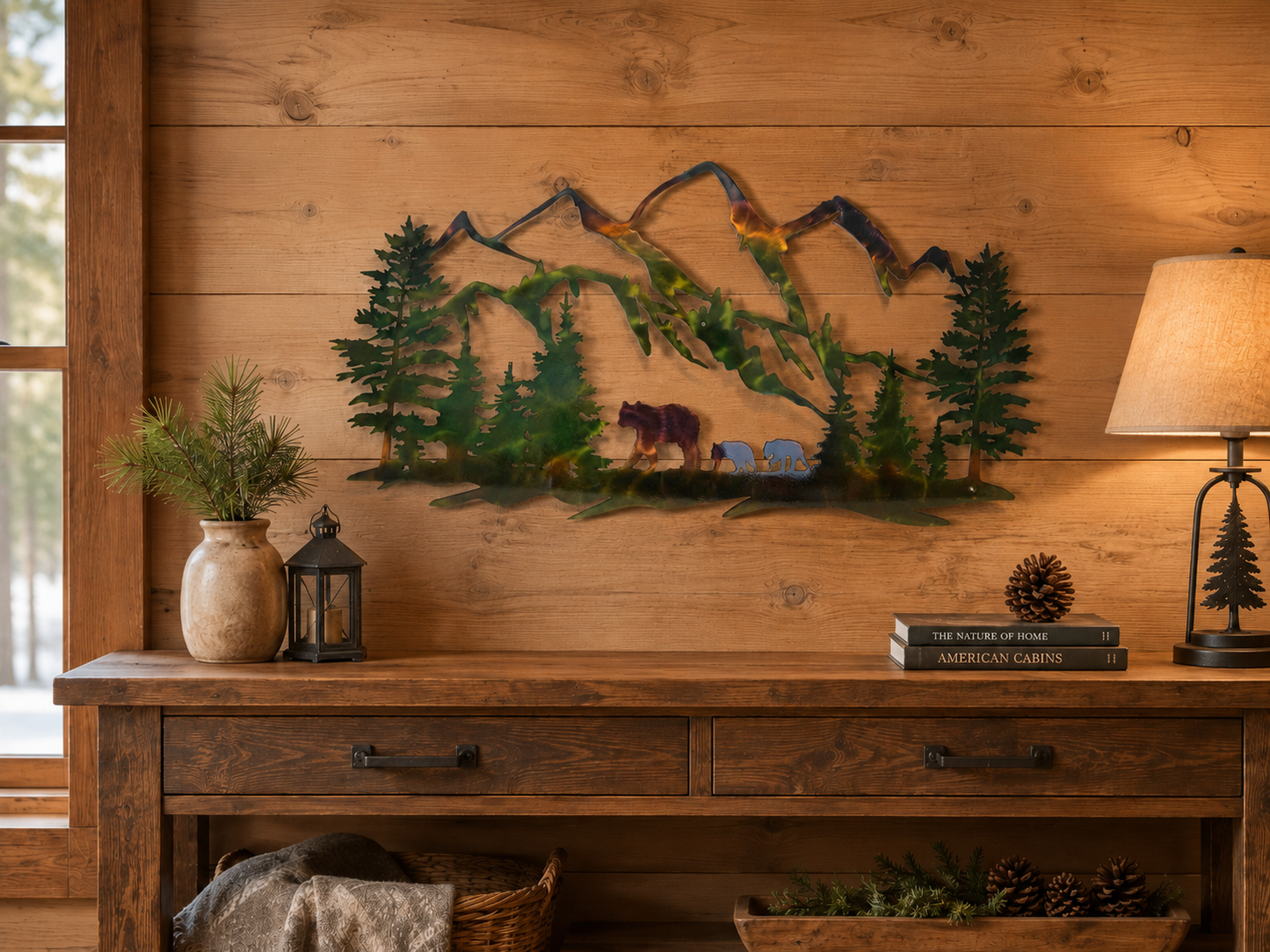 Bear With Mountains And Trees Indoor Or Outdoor Metal Wall Art