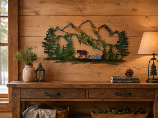 Bear With Mountains And Trees Indoor Or Outdoor Metal Wall Art
