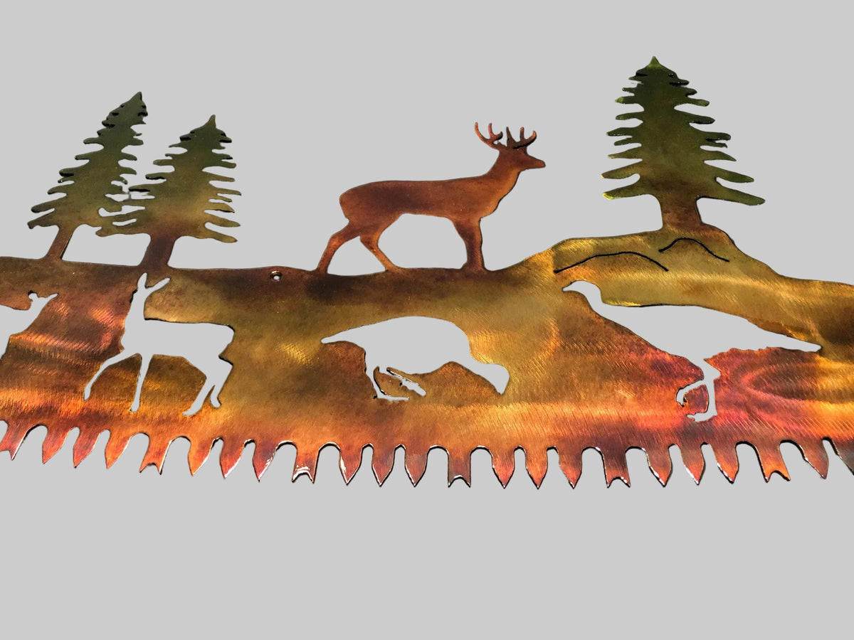 Close-up view of buck and turkey crosscut saw metal wall art showing the hand-applied patina finish and cut details.