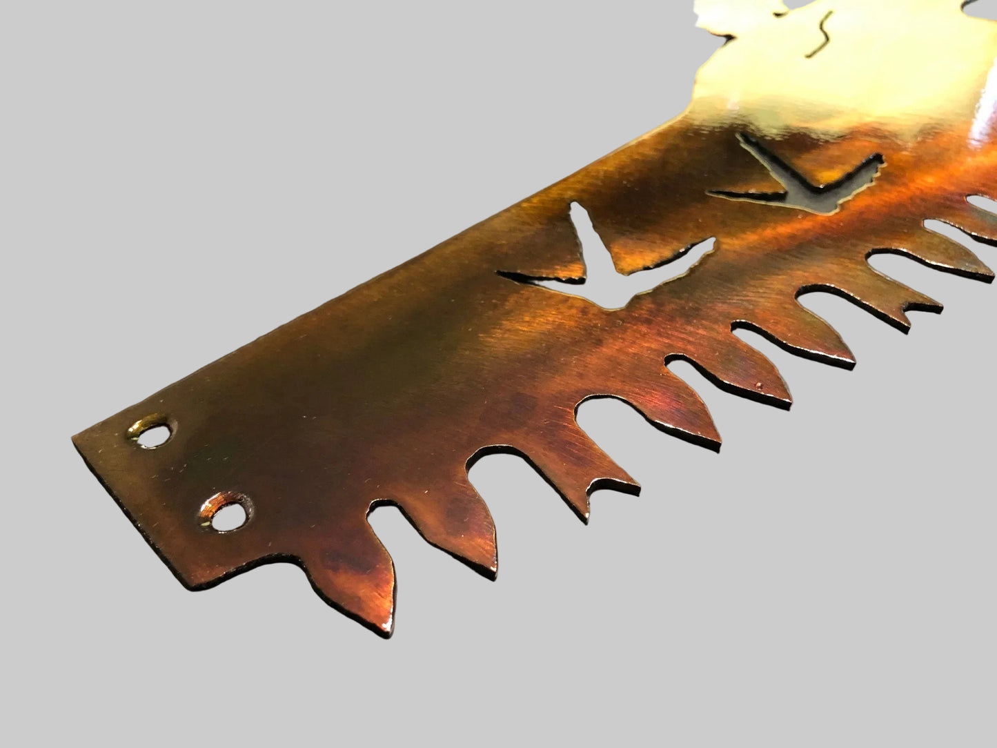 Personalized buck and turkey crosscut saw metal wall art handcrafted from steel with a clear powder-coated finish.