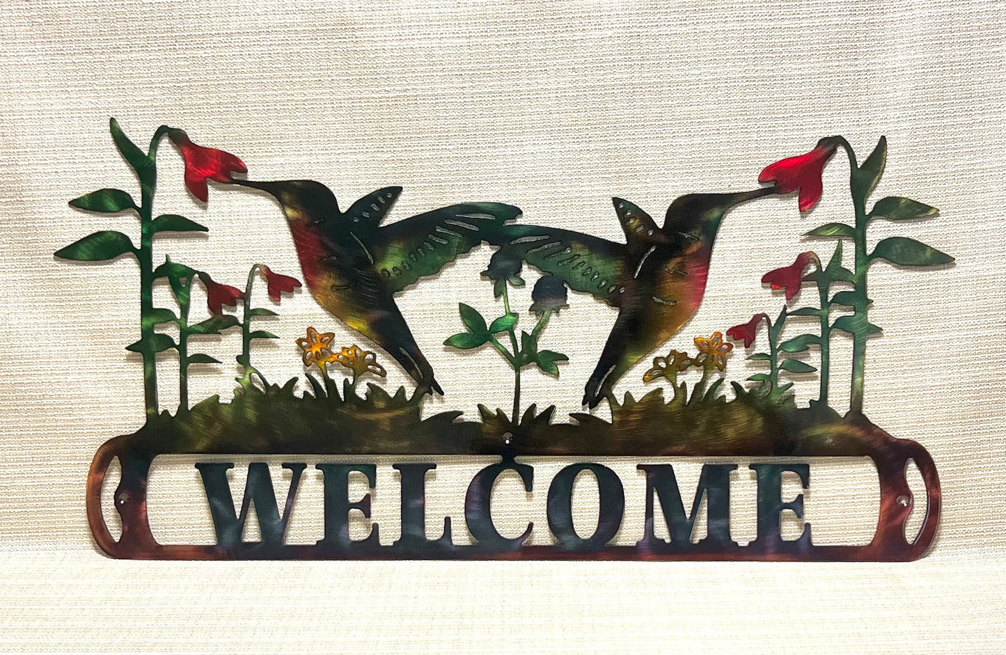 Hummingbirds Feeding On Flowers Welcome Sign Metal Art