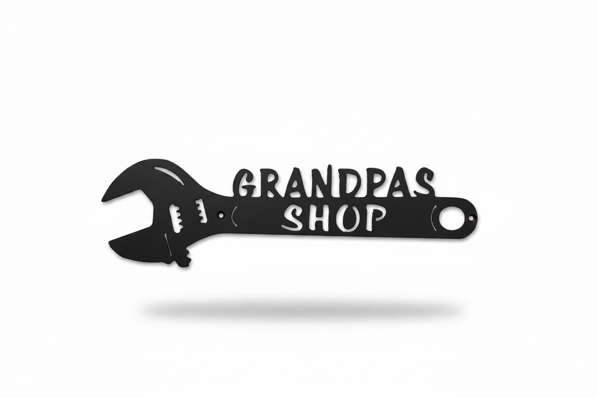 Grandpas Garage Crescent Wrench Metal Sign on white background
