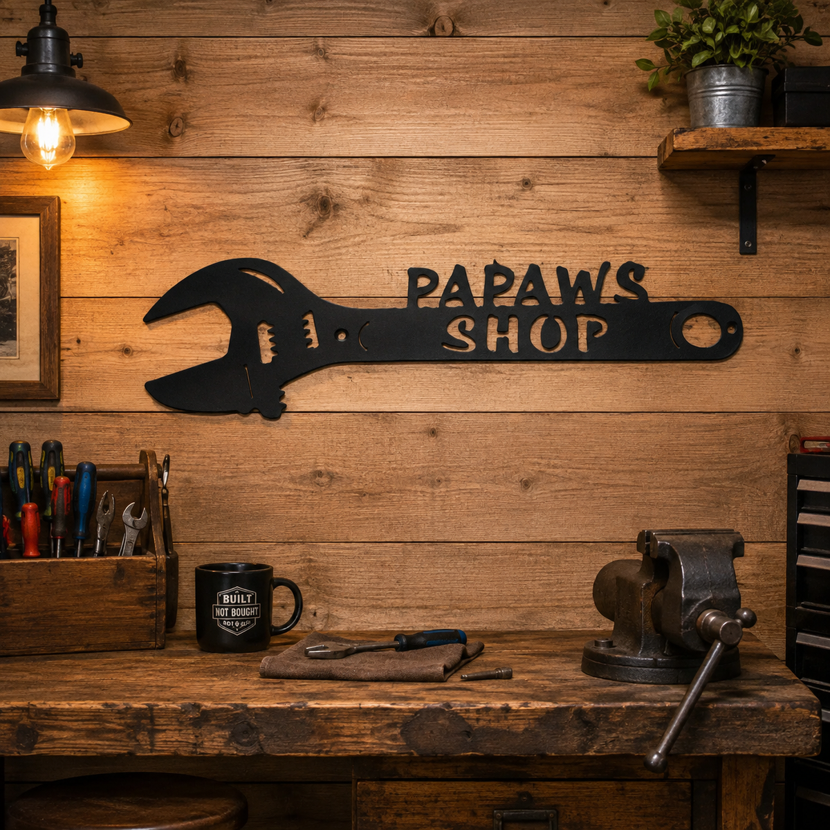 A rustic workshop wall with a large black wrench-shaped sign reading 'PAPAW'S SHOP' mounted above a wooden workbench. The scene includes a hanging light bulb, shelf with a plant, tools, a mug, and a bench vise.