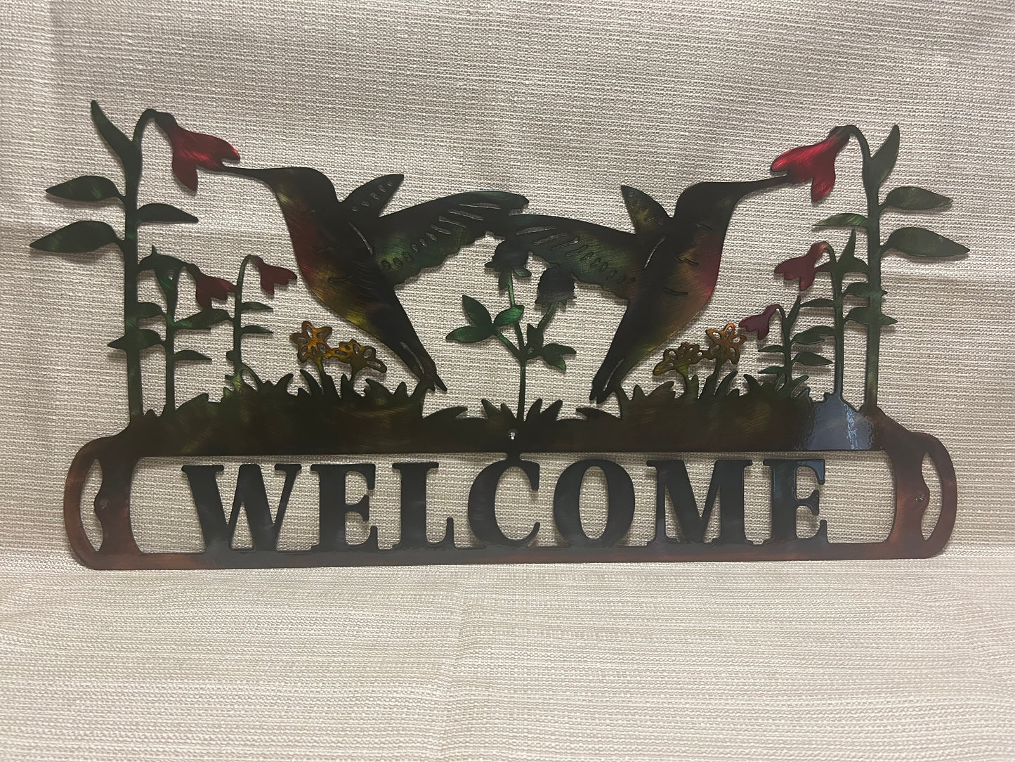 Hummingbirds Feeding On Flowers Welcome Sign Metal Art