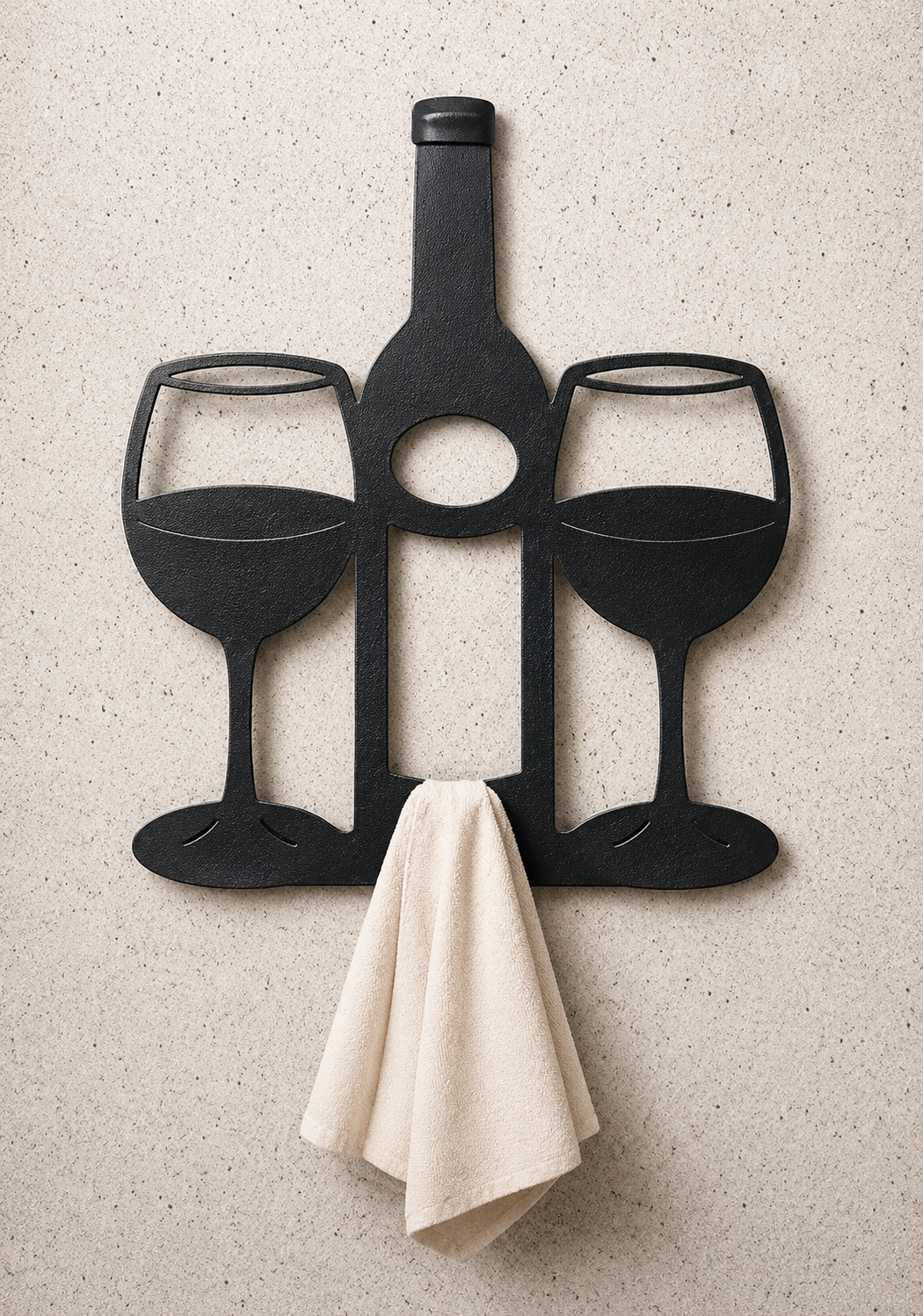 Wine Bottle & Glasses Metal Wall Art Bar Towel Hanger