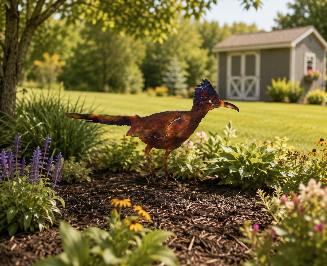 Handcrafted steel roadrunner yard stake displayed in a mulched flower garden with multicolor patina and clear powder-coated finish.