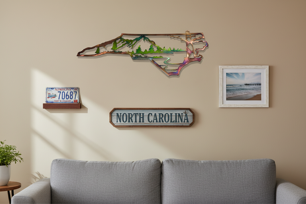 Living room with a gray couch, wall art of North Carolina mountains, trees and lighthouse, and a framed picture.